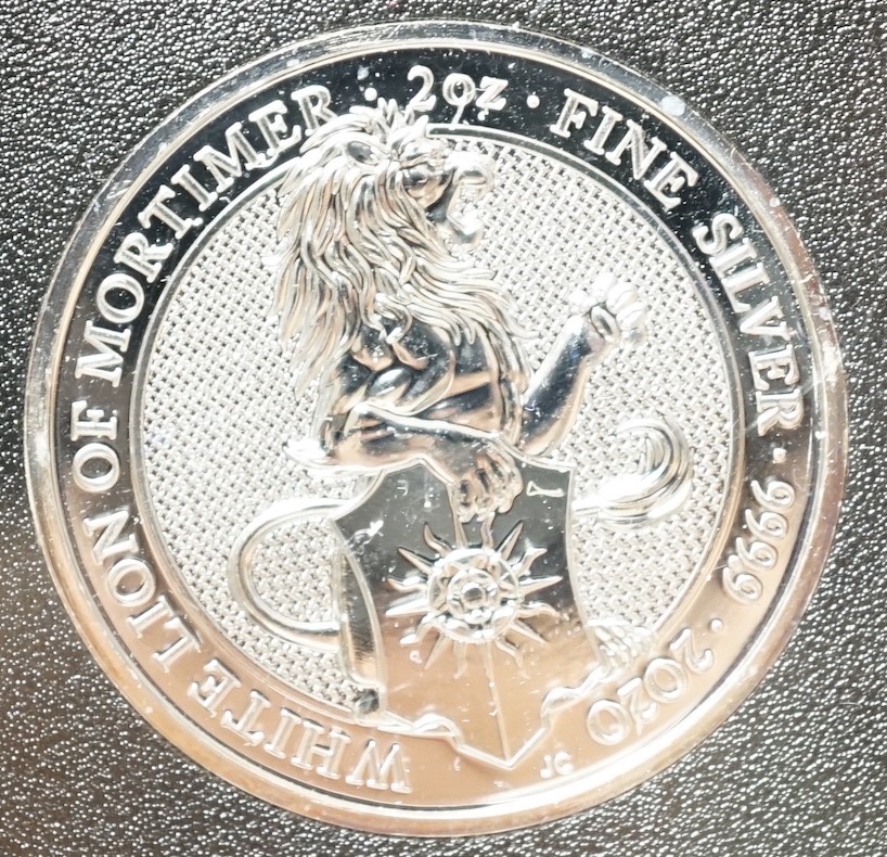 Seven Jubilee Mint two ounce silver £5 Queen's Beasts boxed coins, proof like UNC, comprising